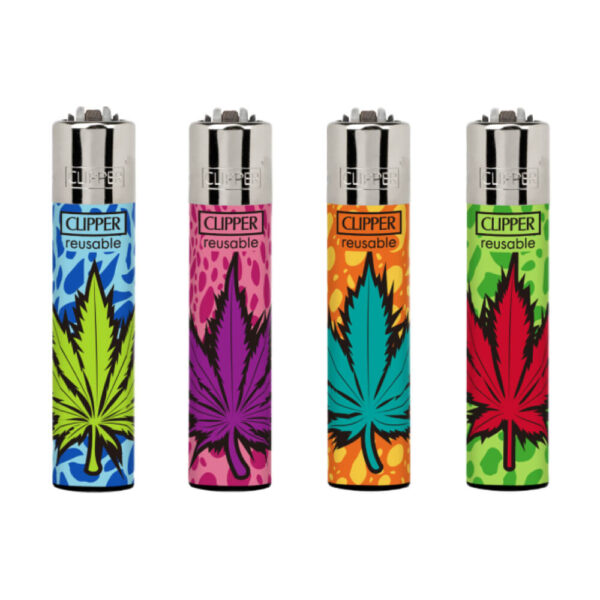 Encendedor Clipper Classic Colored Leaves reutilizable con diseño de hojas de cannabis en colores vivos