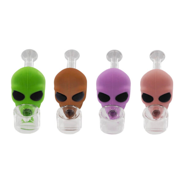 "Pipa de Vidrio-Silicona Alien con diseño de cabeza de alienígena en colores variados"