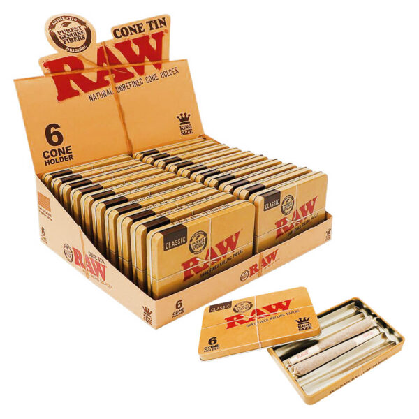 "RAW Cone Tin Portaporros de Metal para conos king size con diseño compacto y logo de RAW"